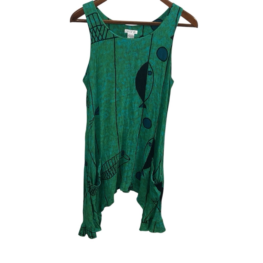 Vasna Green Fish blouse with Pockets size large